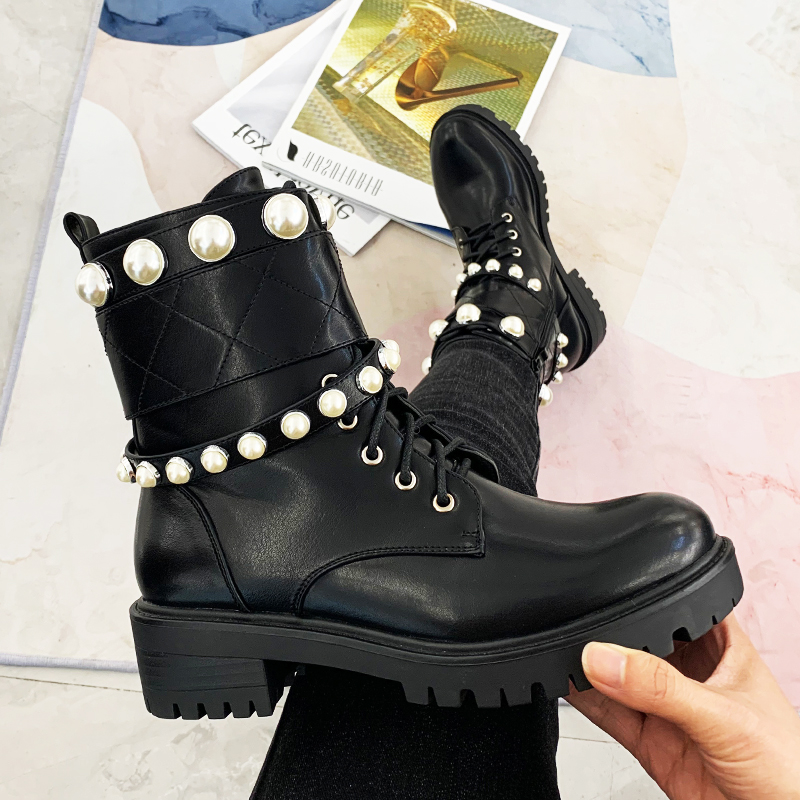 New Autumn And Winter Fancy Ankle New Fashion Pearl Shoes with Flat Heel for Women Winter Boots