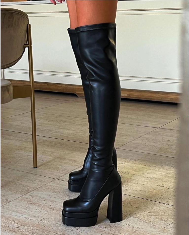 Slouch Knee Length Leather Knee High Wide Calf Knee High Winter Sexy Motorcycle Boots for Women
