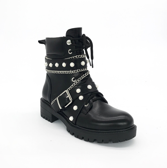 New Arrival Women Pearl Ornaments And Strap Buckle Women Lady Ankle Winter Motorcycle Boots