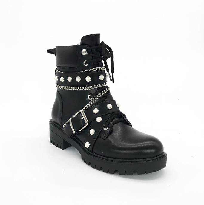 New Arrival Women Pearl Ornaments And Strap Buckle Women Lady Ankle Winter Motorcycle Boots