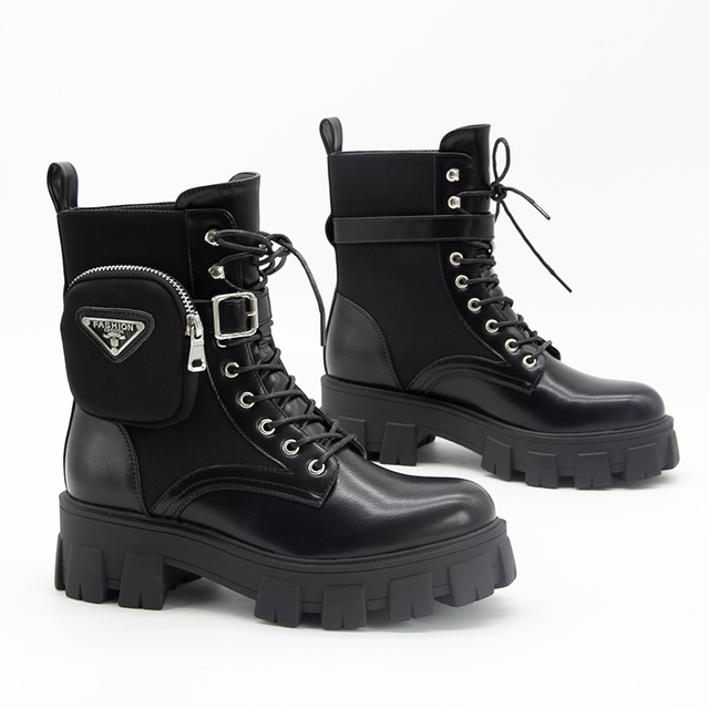 New Design Fashion Boots with Pocket Lace Up Mid Calf Women Boots Popular Female Shoes