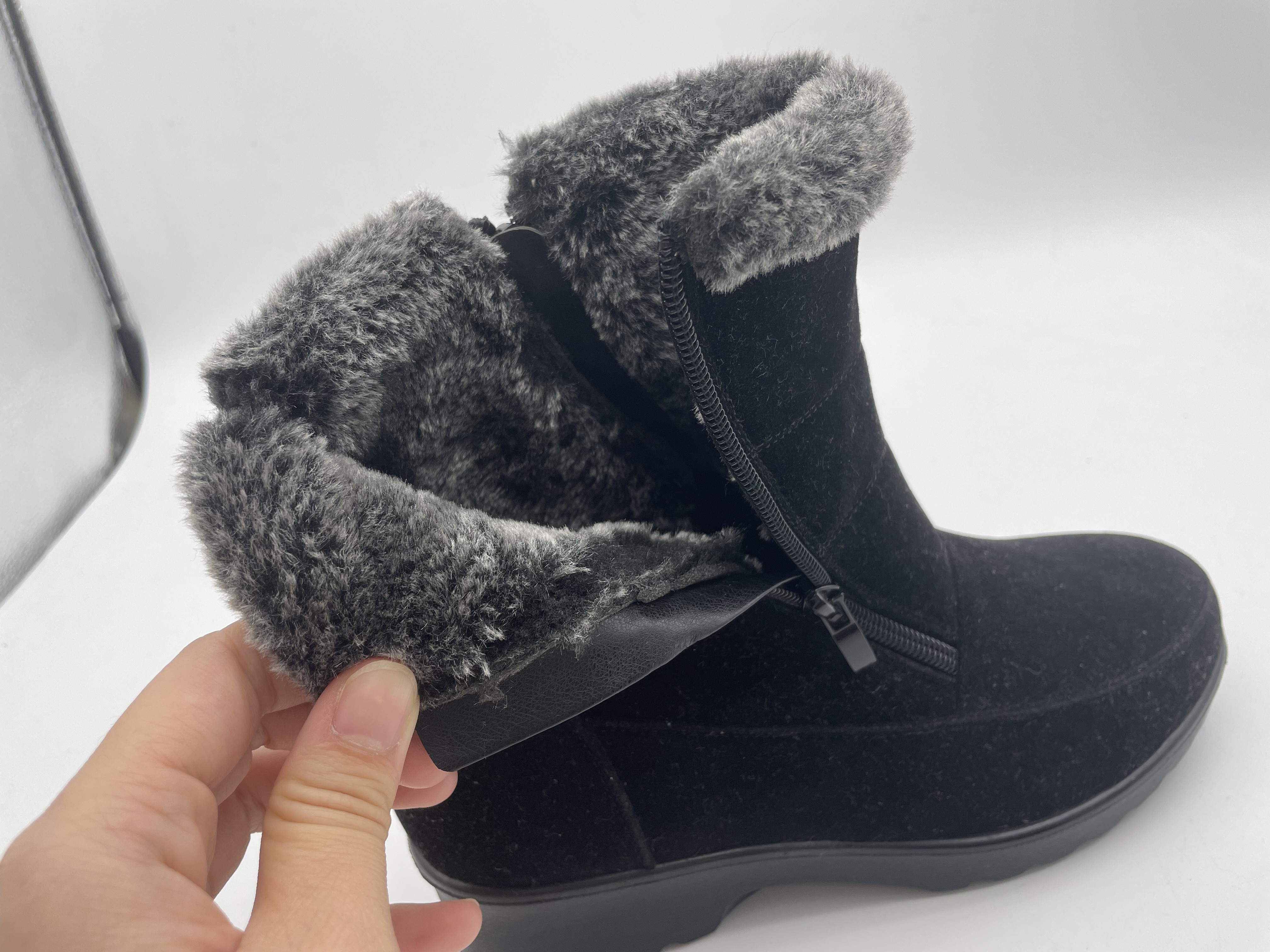 Women Black Suede Ankle Boots Outsole with Antiskid Device Metal Tool Winter Snow Boots