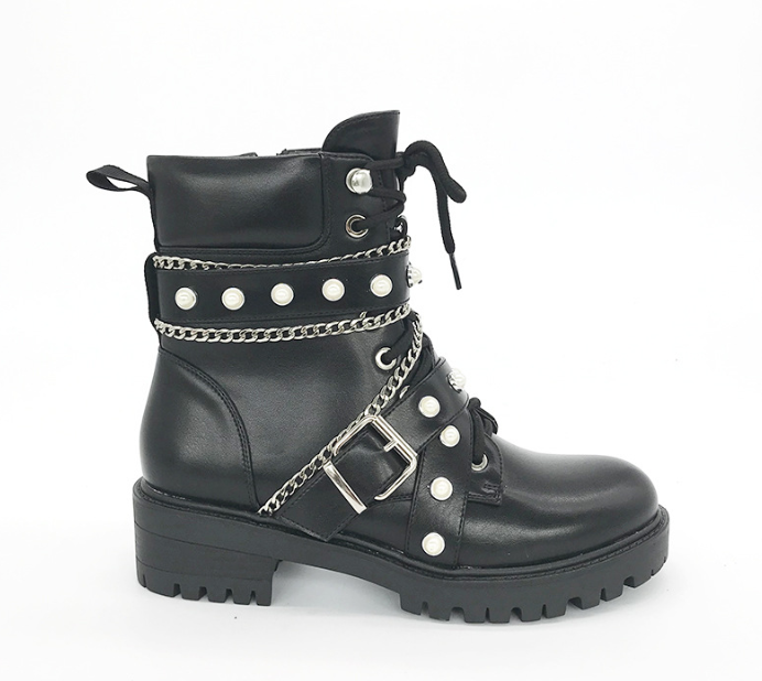 New Arrival Women Pearl Ornaments And Strap Buckle Women Lady Ankle Winter Motorcycle Boots